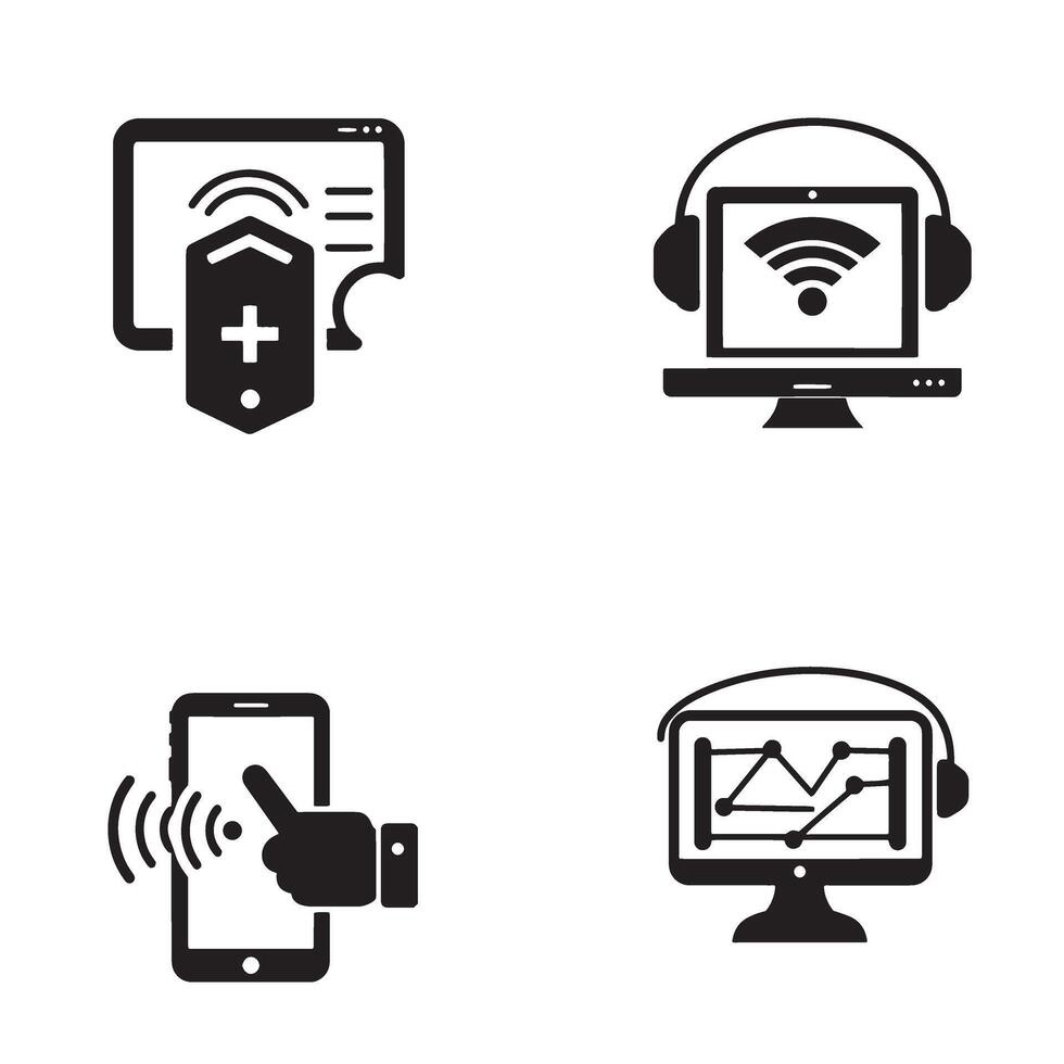 Set of black and white technology and wireless connection icons vector