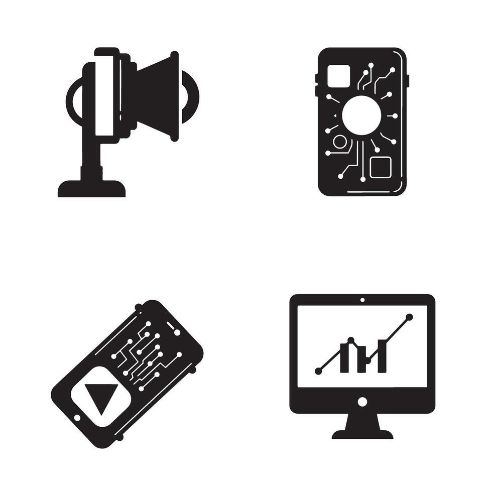 Digital technology and communication icons representing information analysis and broadcasting concepts vector