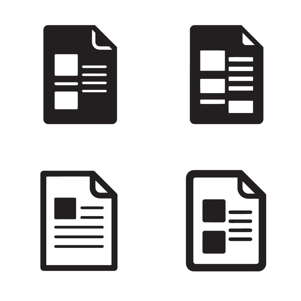 Black and white document icon set with rectangular blocks and text lines vector