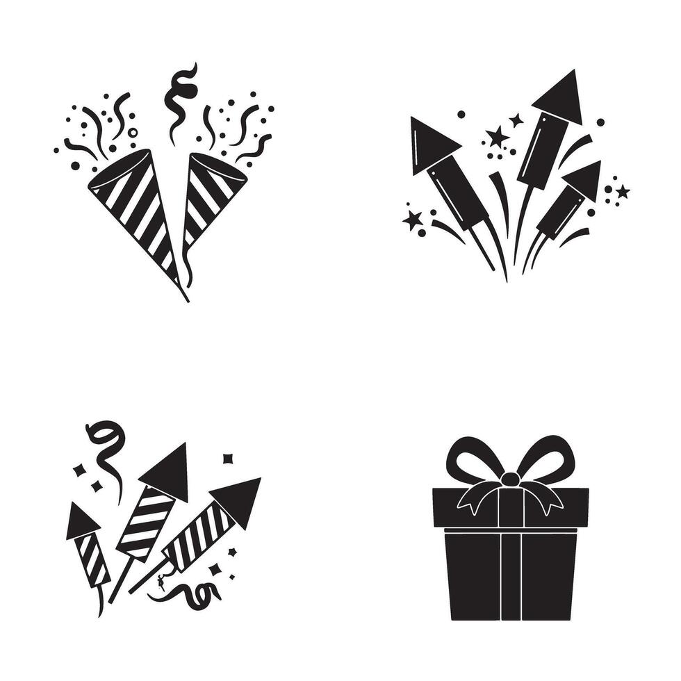 Black and white silhouette celebration elements including confetti fireworks and a gift box vector