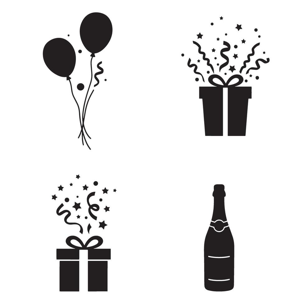 Festive silhouette icons of balloons gift boxes champagne bottle and confetti for celebrations vector