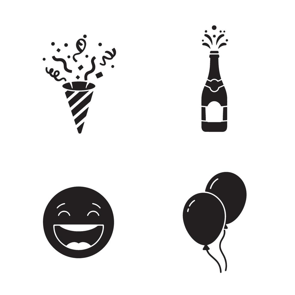 Festive celebration icons including party popper champagne bottle smiley face and balloons silhouette elements vector