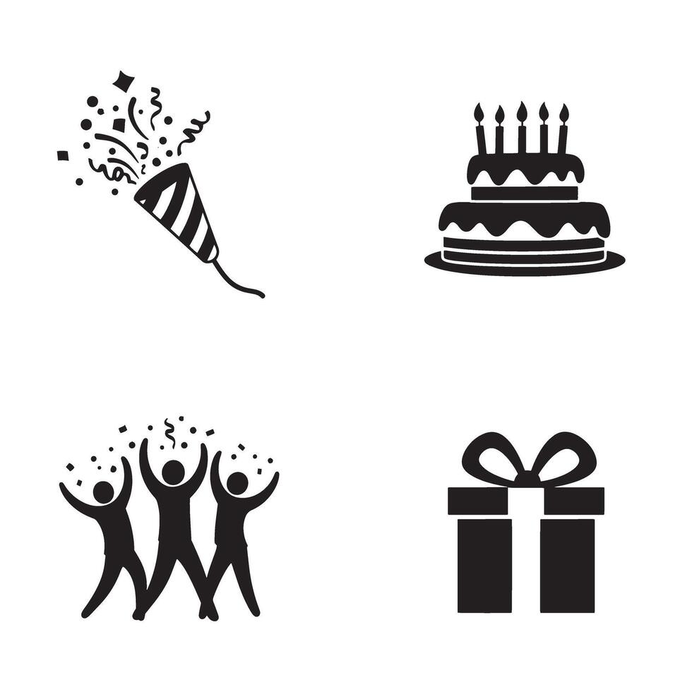 Festive party icons featuring cake confetti gift and people silhouettes celebration event fun vector