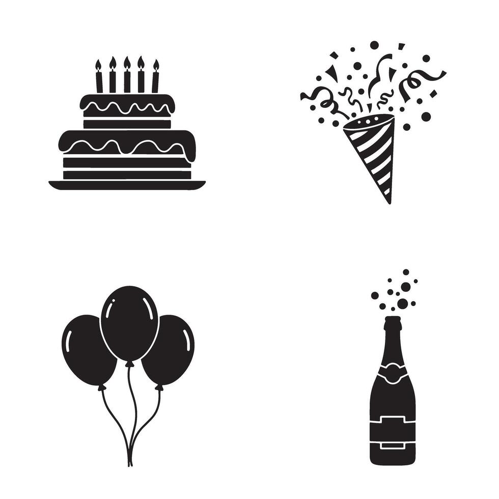 Celebration and party icons set with cake balloons confetti and champagne silhouette vector