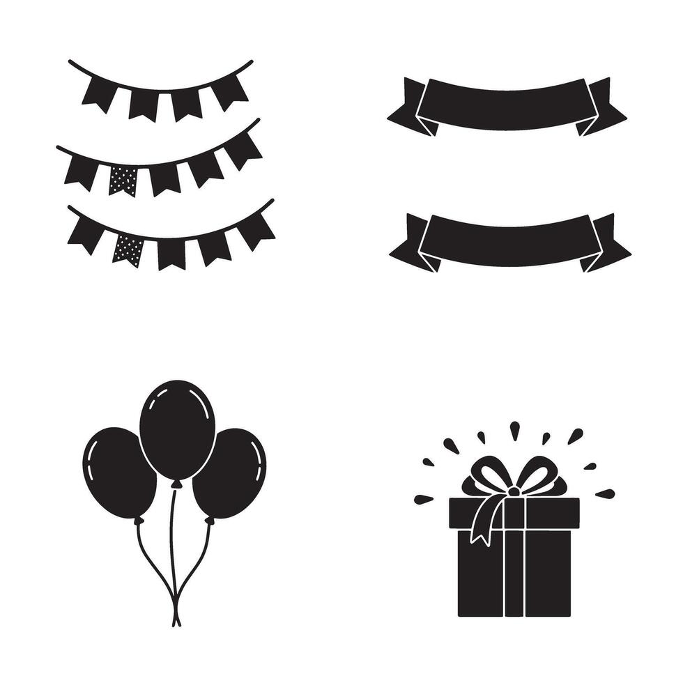 Collection of party elements including bunting ribbons balloons and gift box in black and white silhouette style vector