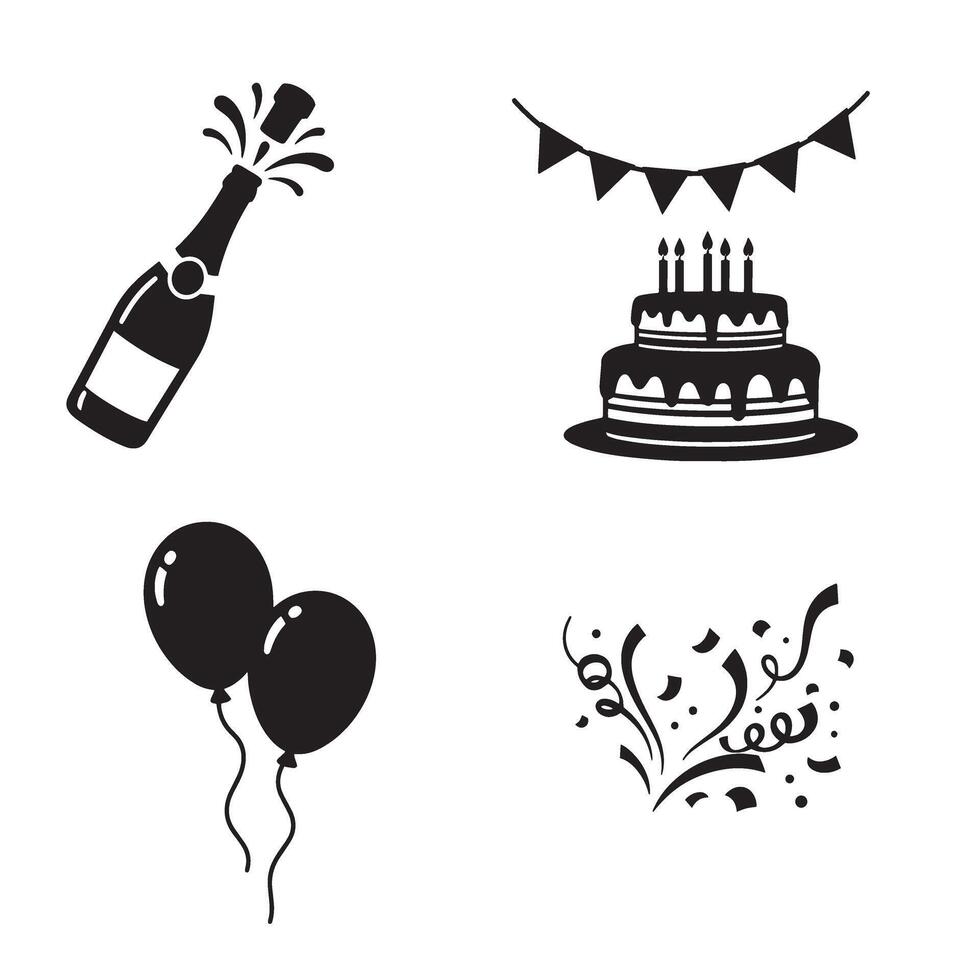 Celebration elements illustration for birthday party events in black and white silhouette style vector