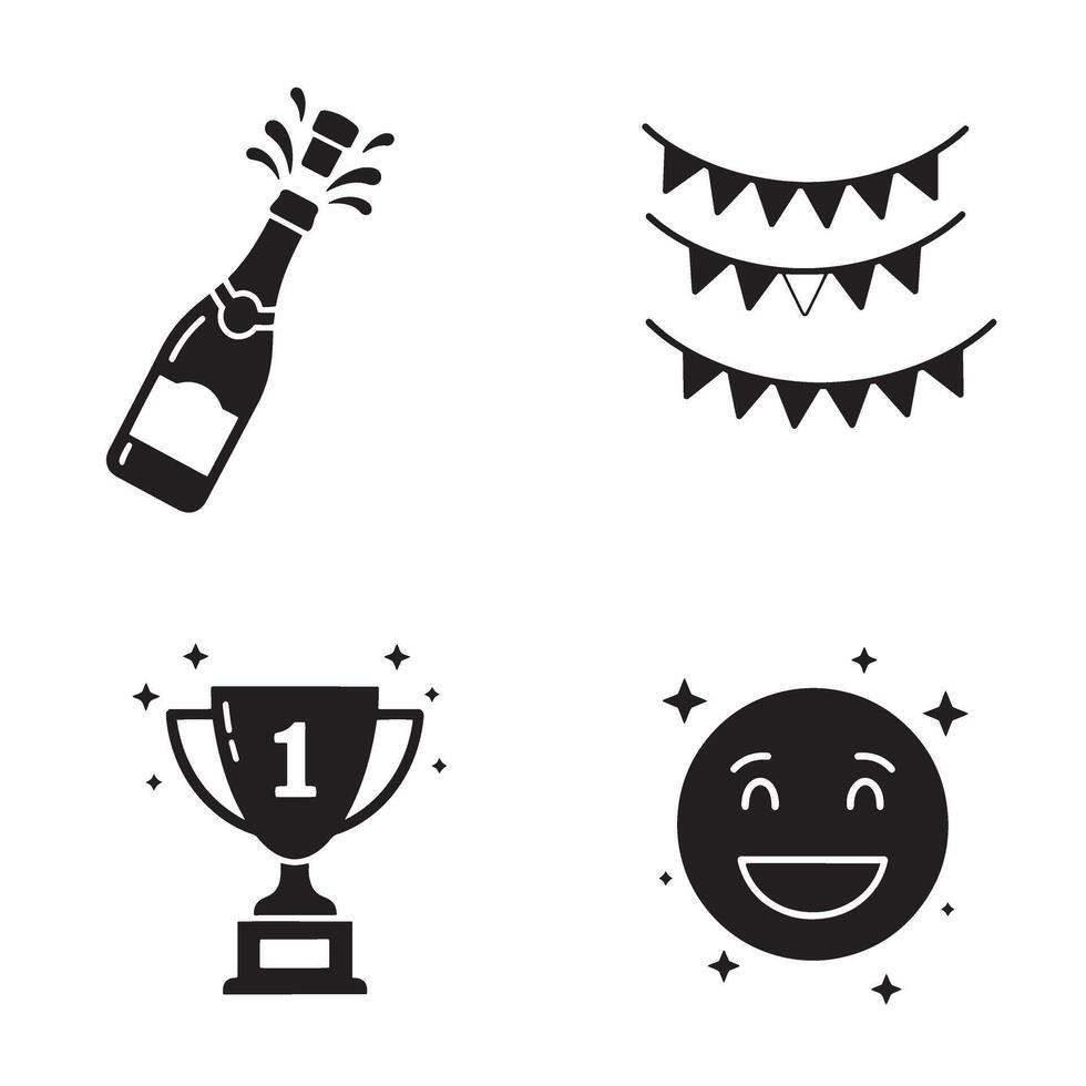 Celebration icons featuring champagne trophy smiley face and party banners in a minimalist black and white silhouette vector