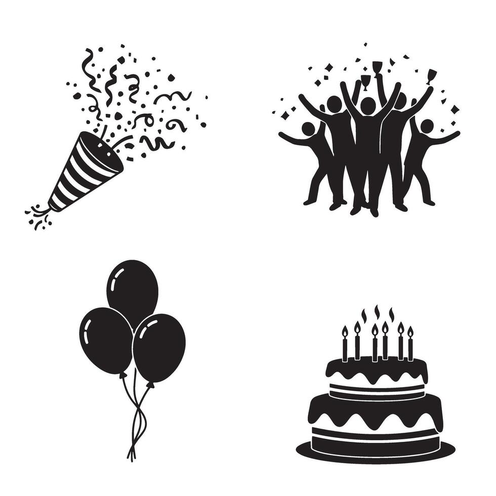 Celebration party elements silhouettes featuring balloons cake confetti and cheers vector