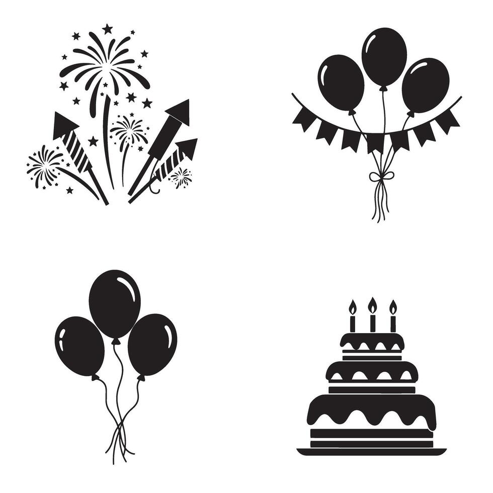 Festive black and white celebration elements balloons fireworks and cake silhouettes vector