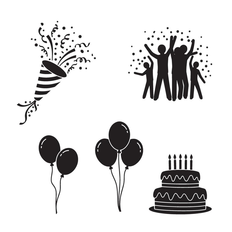 Celebration party elements set with balloons confetti cake and people silhouettes vector