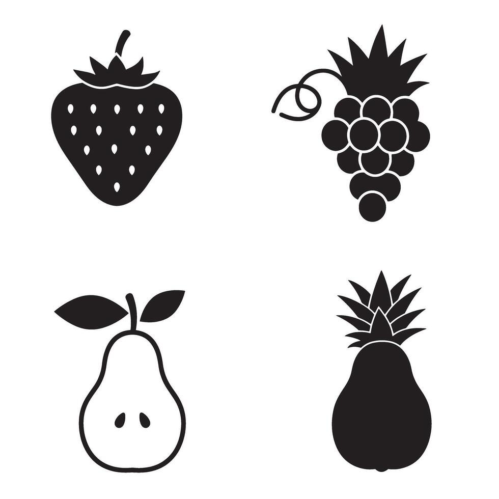 Stylized black and white silhouette illustrations of four fresh fruits for design elements vector
