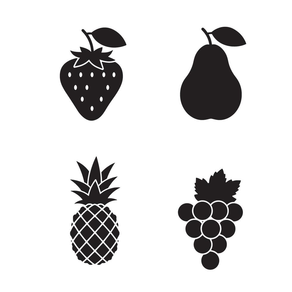 silhouettes of four popular fruits strawberry pear pineapple and grapes vector