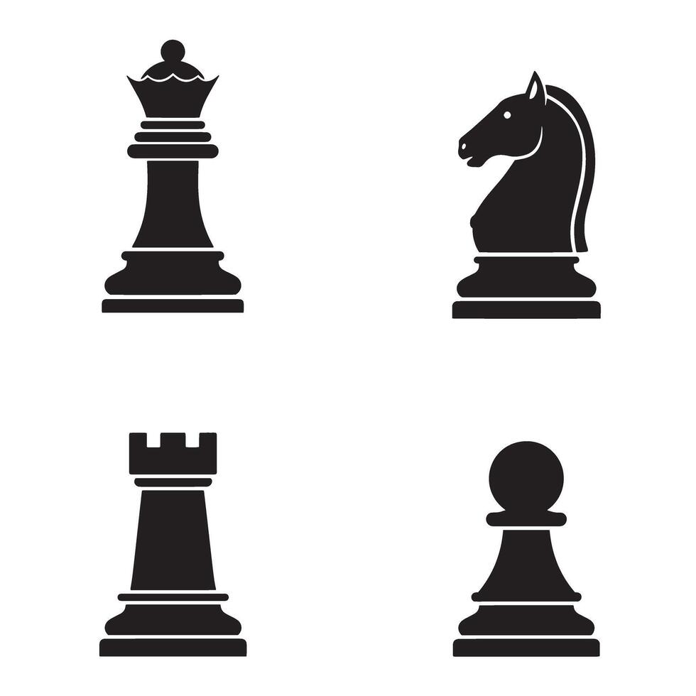 Chess pieces silhouette icons set illustrating queen knight rook and pawn elements vector
