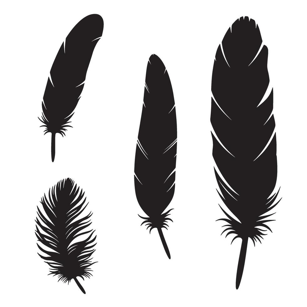 Black feather silhouettes on white background collection representing freedom and natural themes for decorative design vector