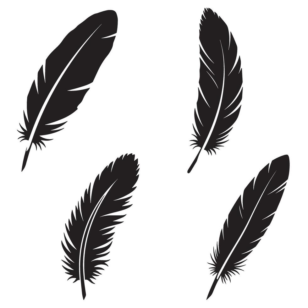 Elegant silhouettes of four black feathers against a white background for design projects vector