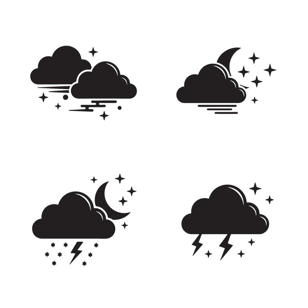 Weather icons collection featuring clouds moon stars rain and lightning in black silhouette vector