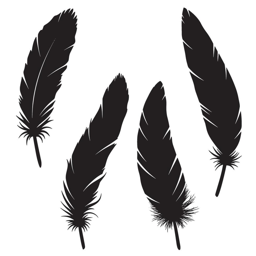 Black feather silhouettes isolated on white background artistic design elements for diverse creative projects vector