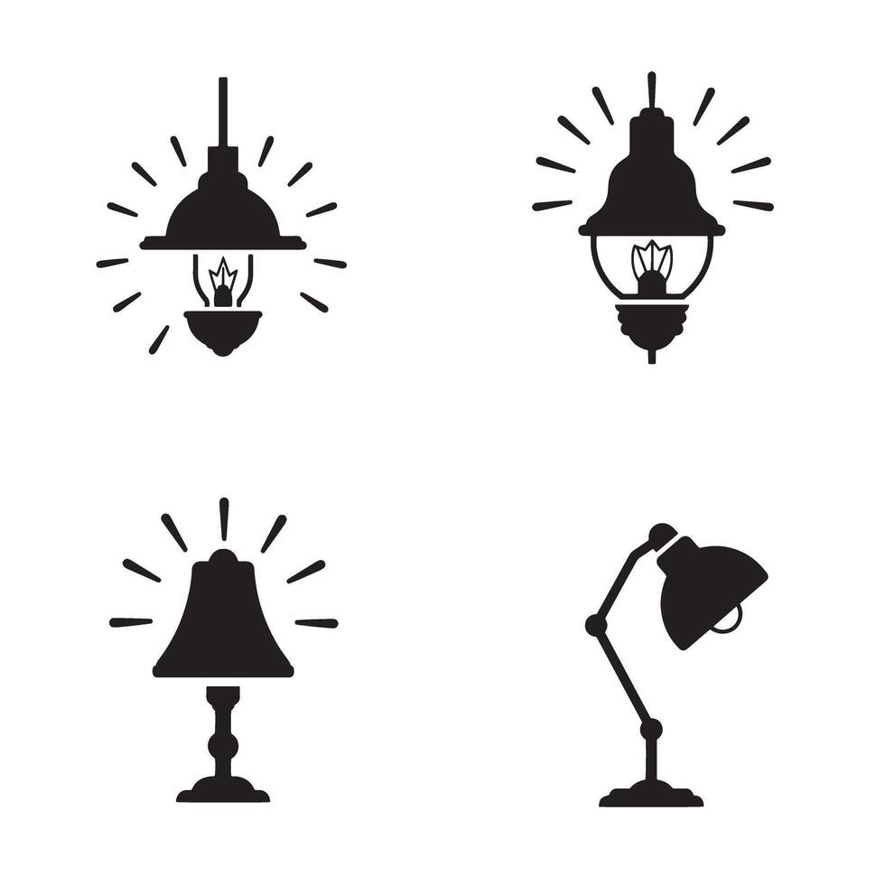 Four black silhouette illustrations depicting various light fixtures for home decor and design vector