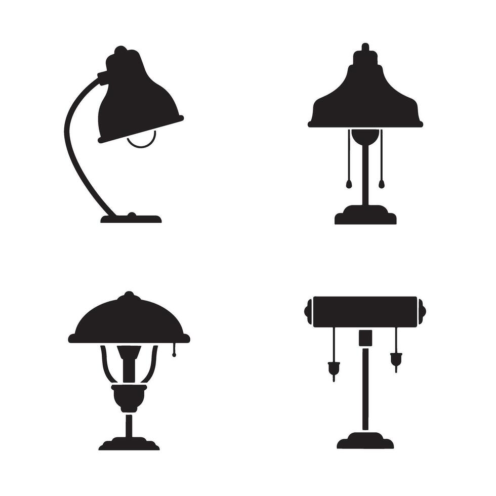 Black silhouette illustrations of various desk lamps and table lamps for interior design and lighting design inspiration vector