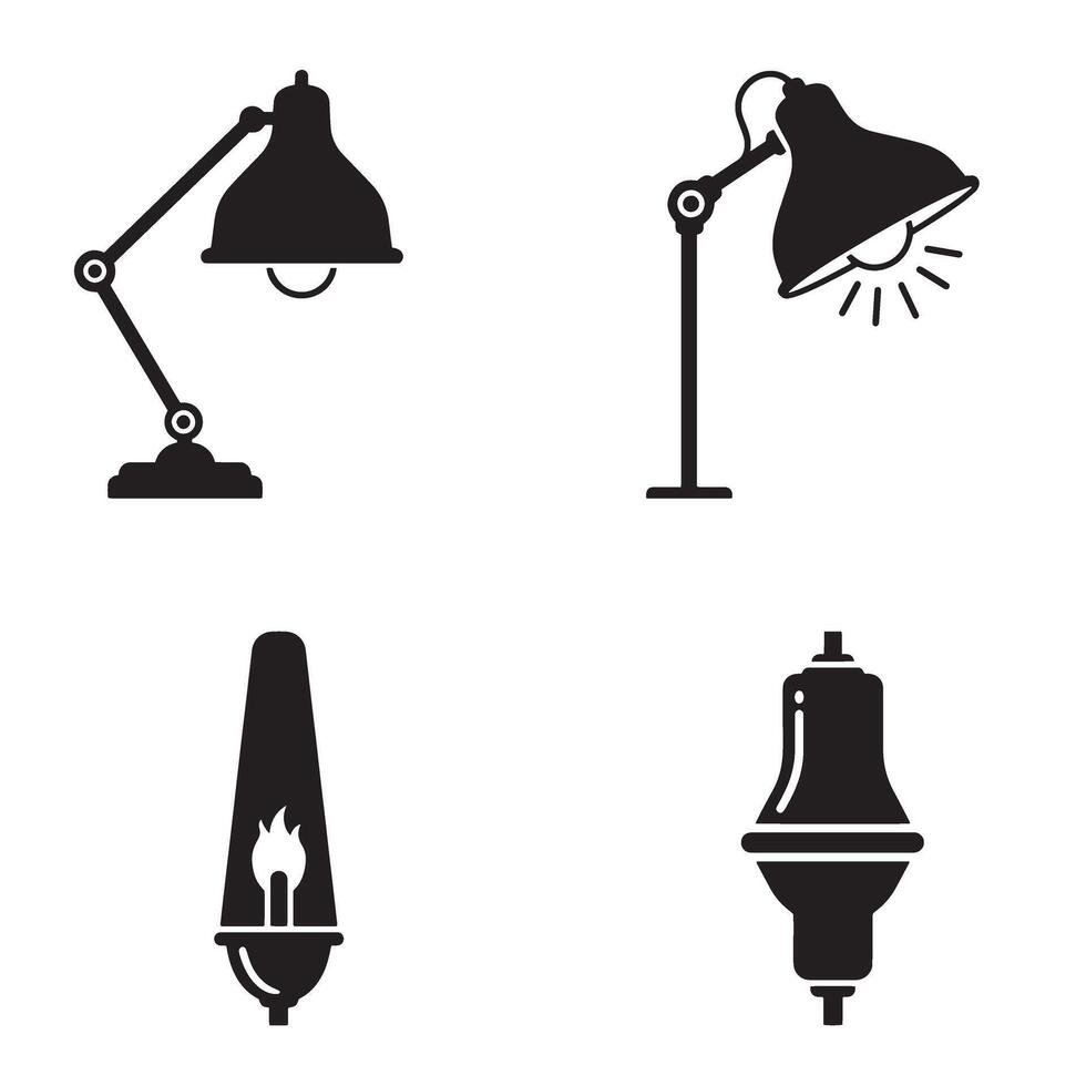 Set of four black silhouette light fixtures including table lamp lantern and ceiling lamp designs vector