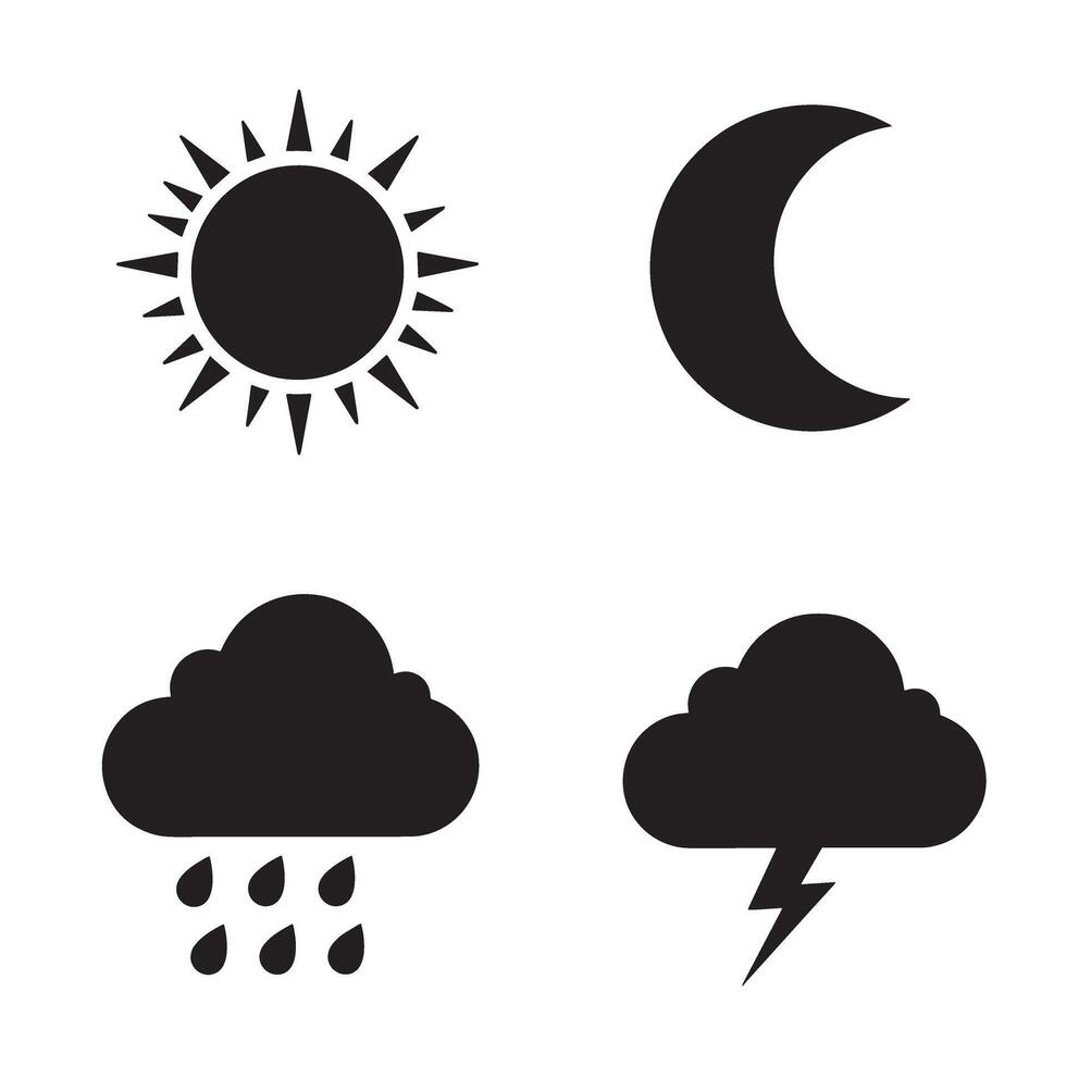 Weather icons sun moon clouds rain and lightning silhouette illustrations isolated on white vector
