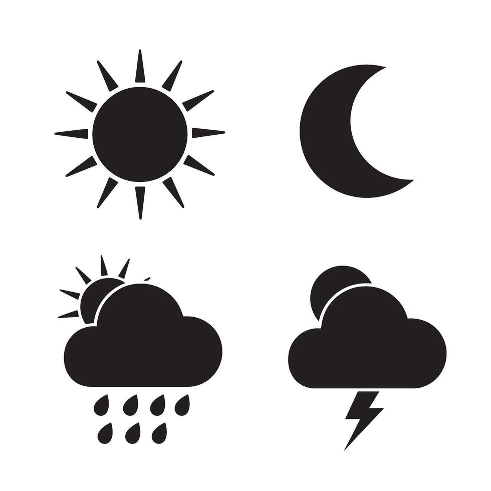 Weather icons set featuring sun moon clouds rain and lightning in a black silhouette style vector