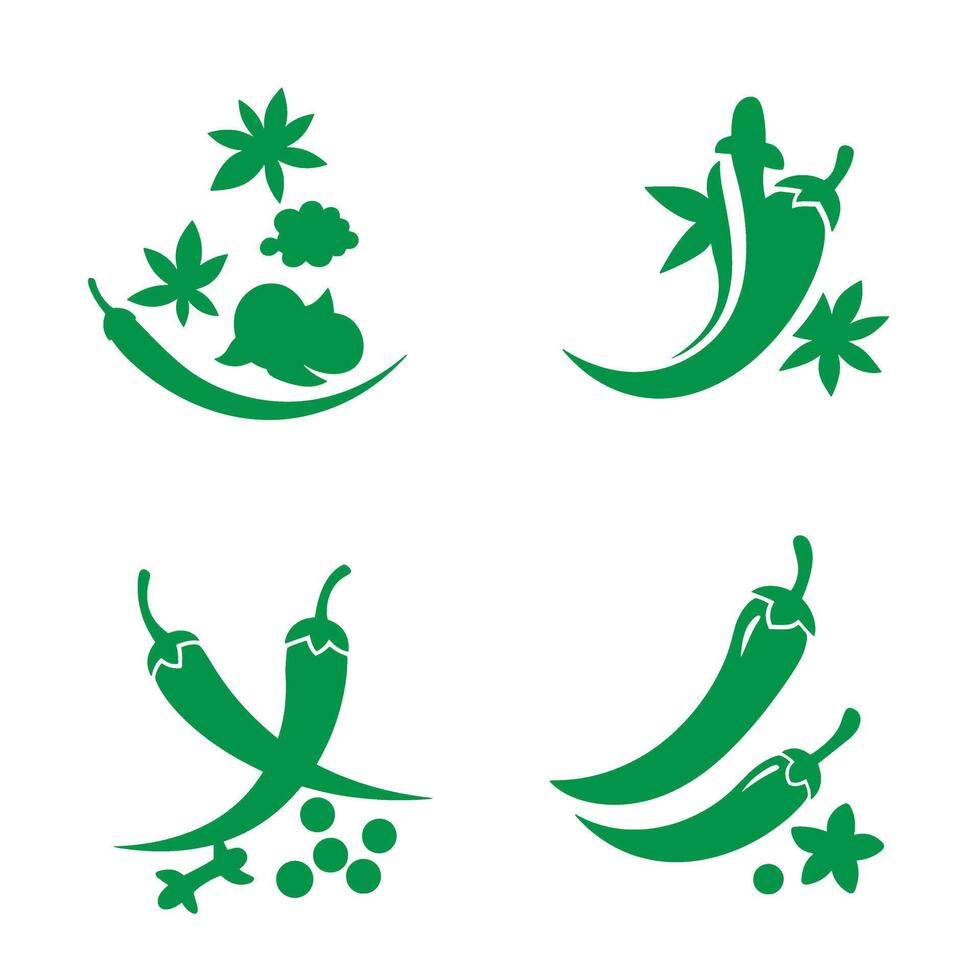 Green chili pepper designs featuring botanical silhouette illustrations for culinary and food related concepts vector