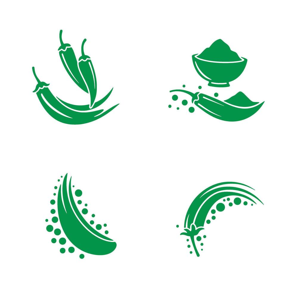 Stylized green chili pepper illustrations with spicy food elements isolated on white background vector