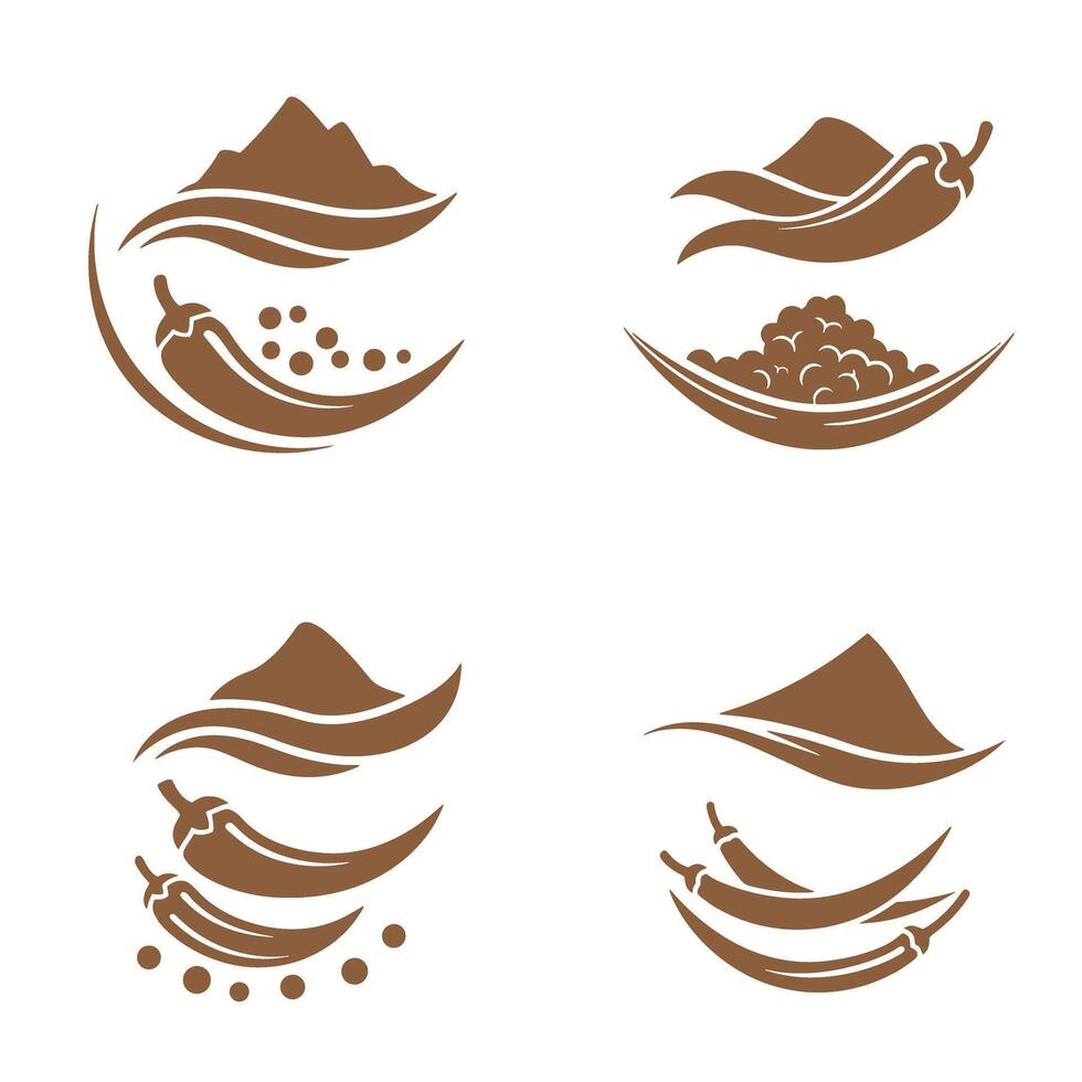 Collection of stylized brown pepper and chili silhouette logos for culinary and spicy food businesses vector