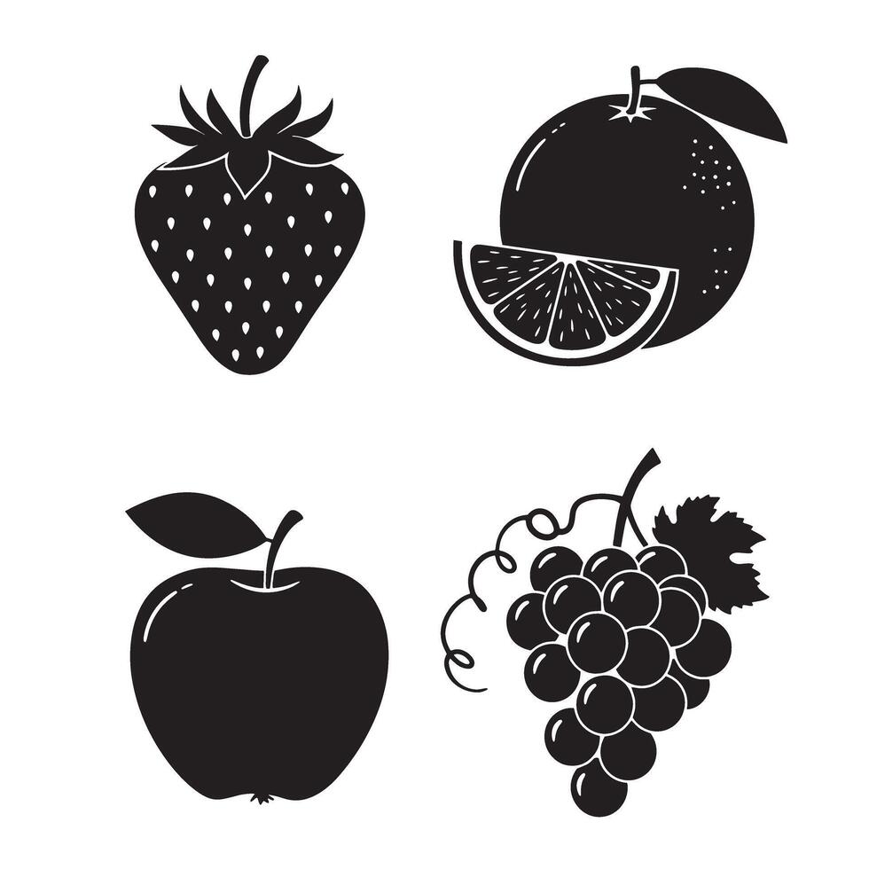 Black silhouette illustrations of four popular fruits strawberry orange apple and grape vector