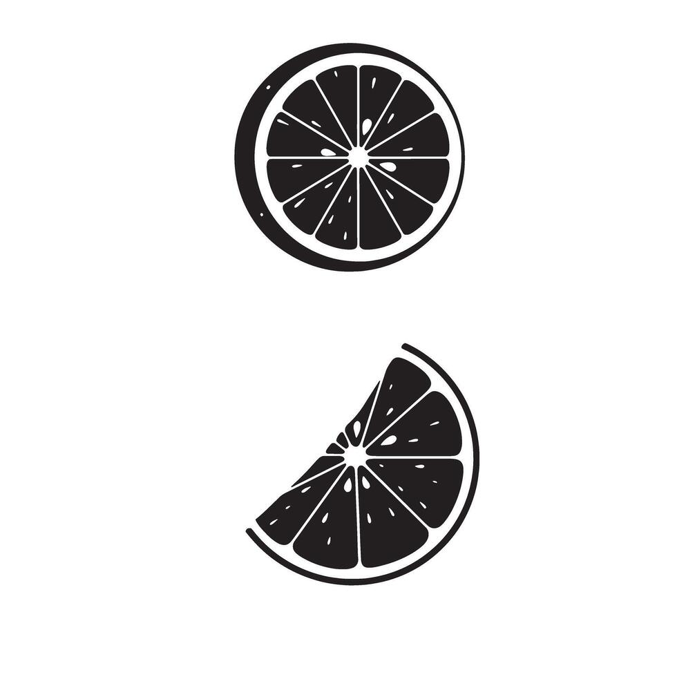 Black and white stylized illustration of orange slices and a quarter section for design projects vector