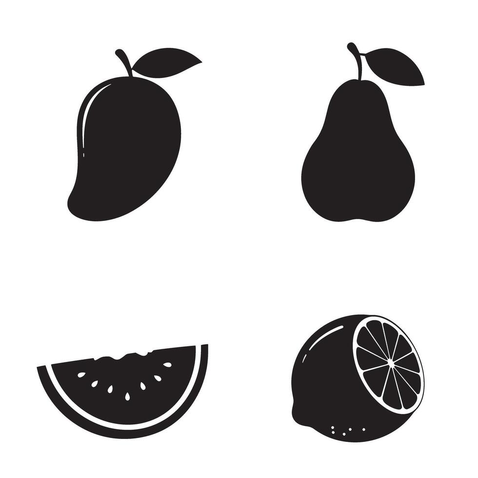 Monochrome fruit collection featuring mango pear watermelon and lemon silhouettes on a white background vector