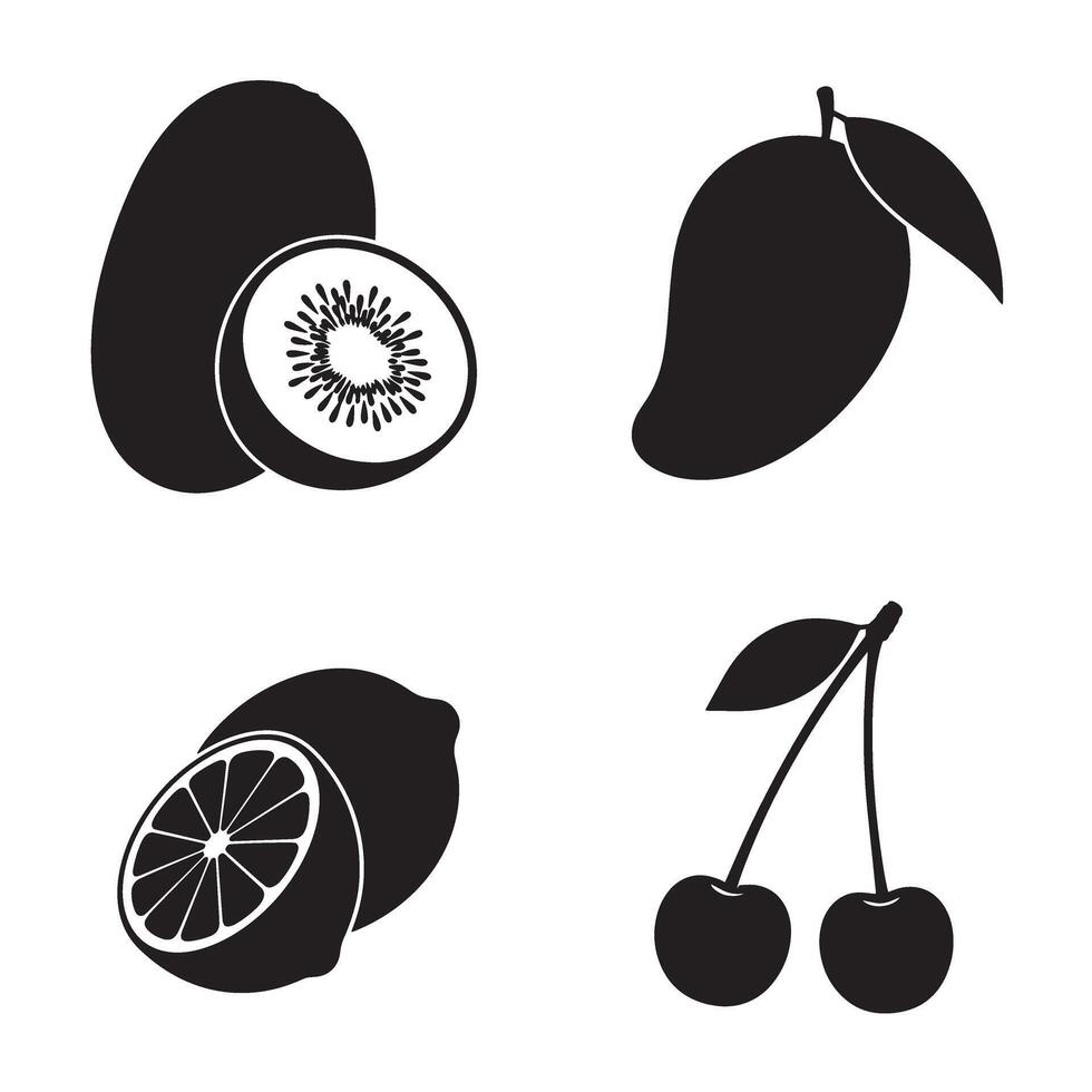 Black and white silhouette illustrations of kiwi mango lemon and cherries vector