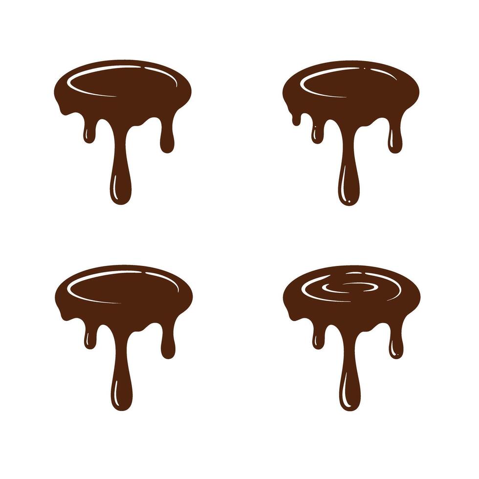 Four stylized chocolate drip designs in brown with glossy textures and dripping effects on a white background. vector