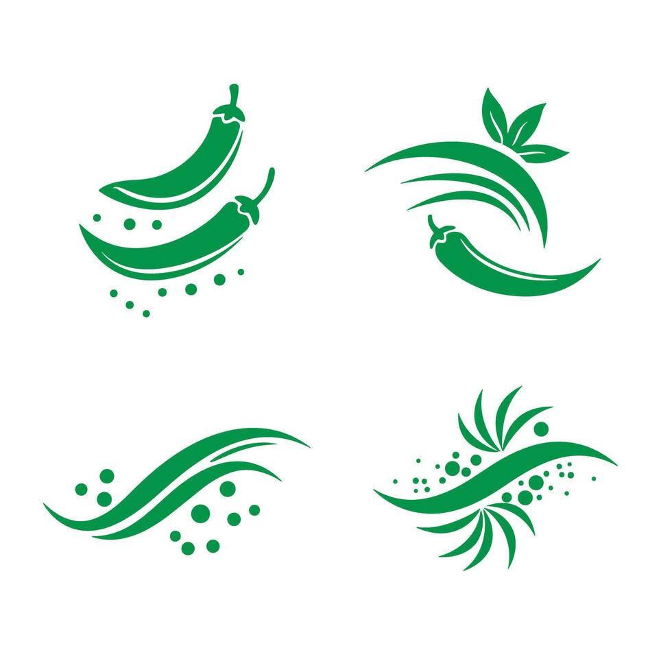 Collection of green chili pepper logos and design elements silhouettes for culinary and food industry use vector