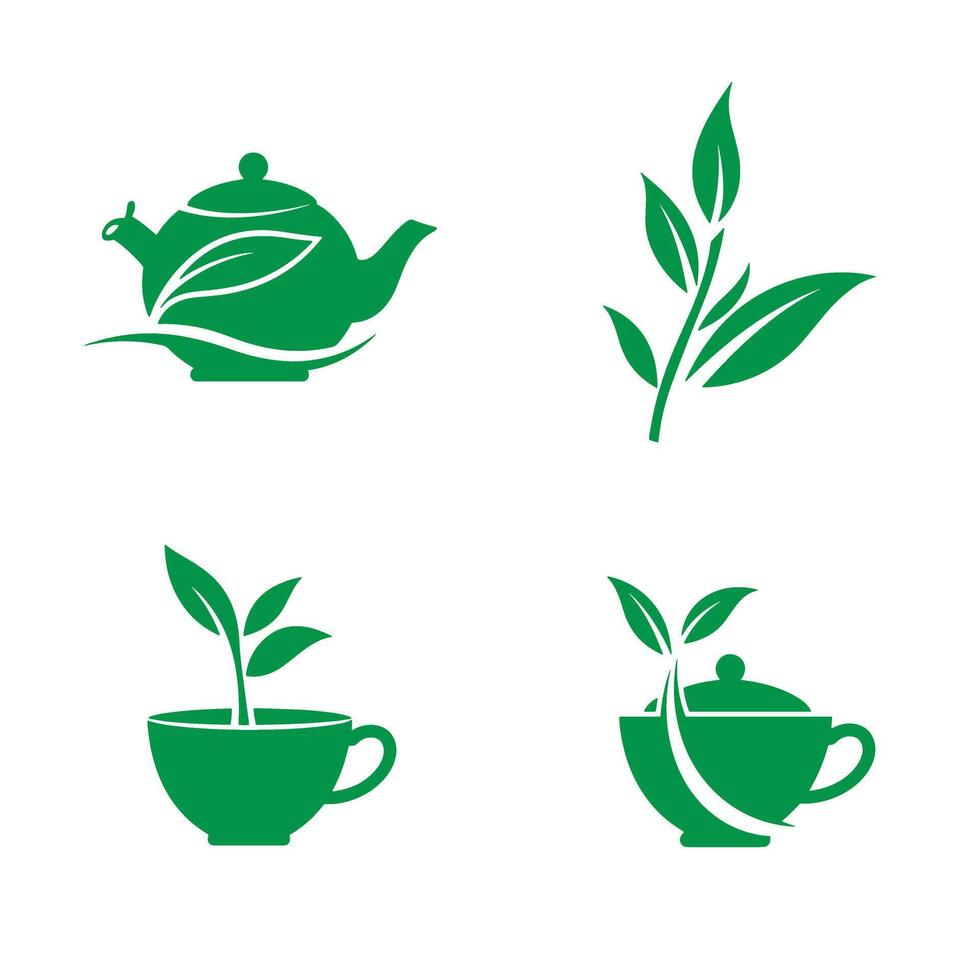 Green tea logo set featuring teapot tea cup and leaf silhouettes vector