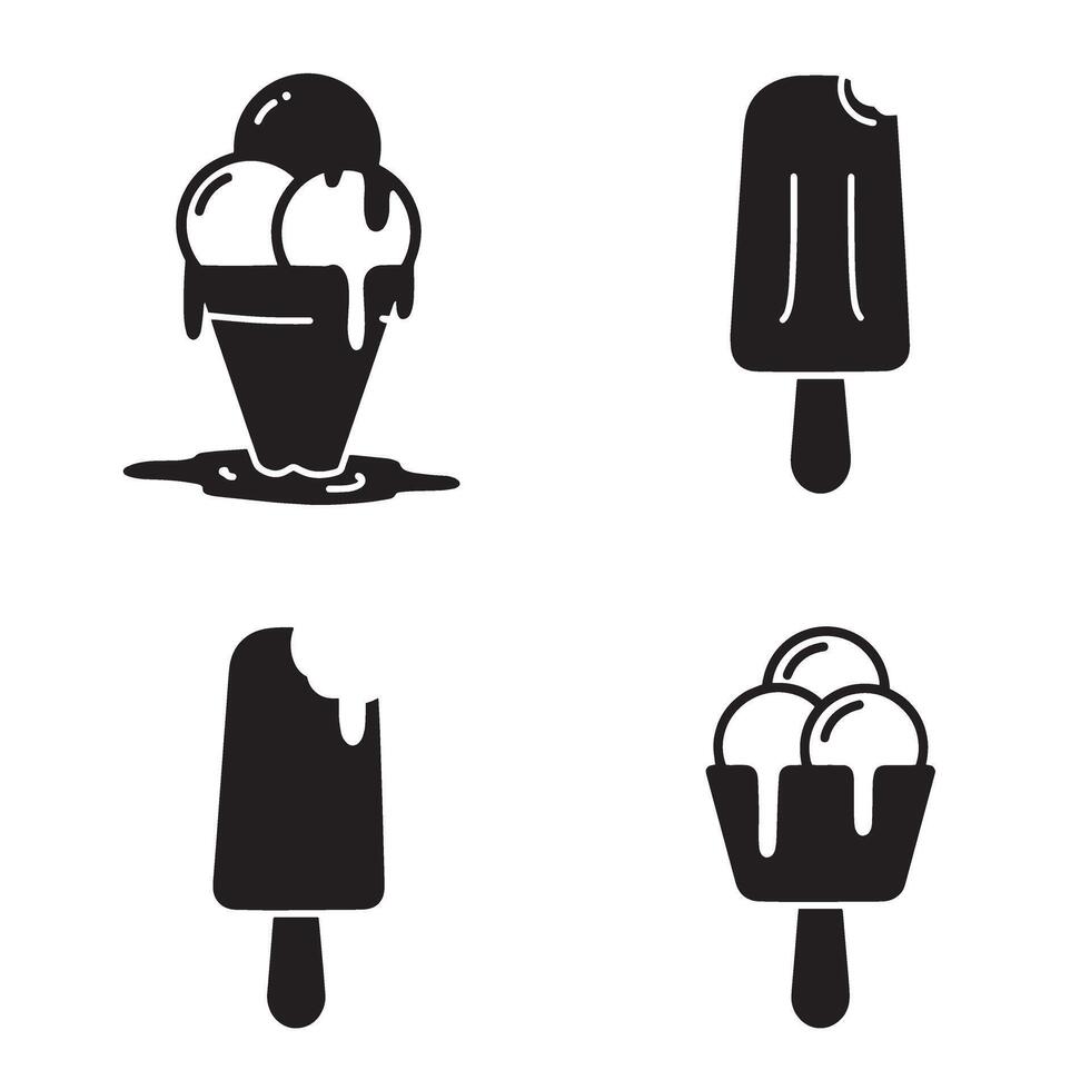 Delightful ice cream cones and popsicles silhouettes in black and white vector