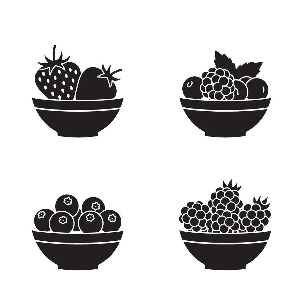 illustration of fruit bowls featuring strawberries blackberries blueberries and raspberries in a minimalist silhouette design vector