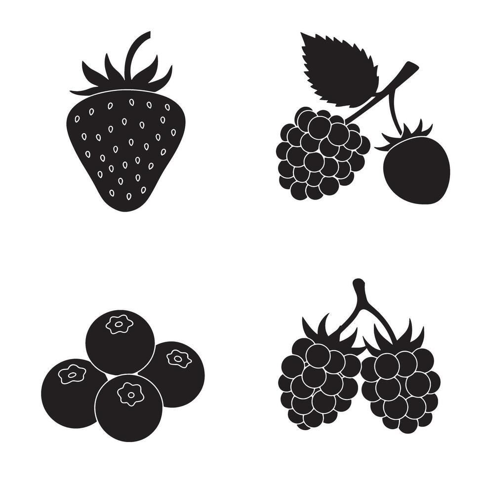 Black and white silhouettes of summer berries including strawberries raspberries and blueberries vector