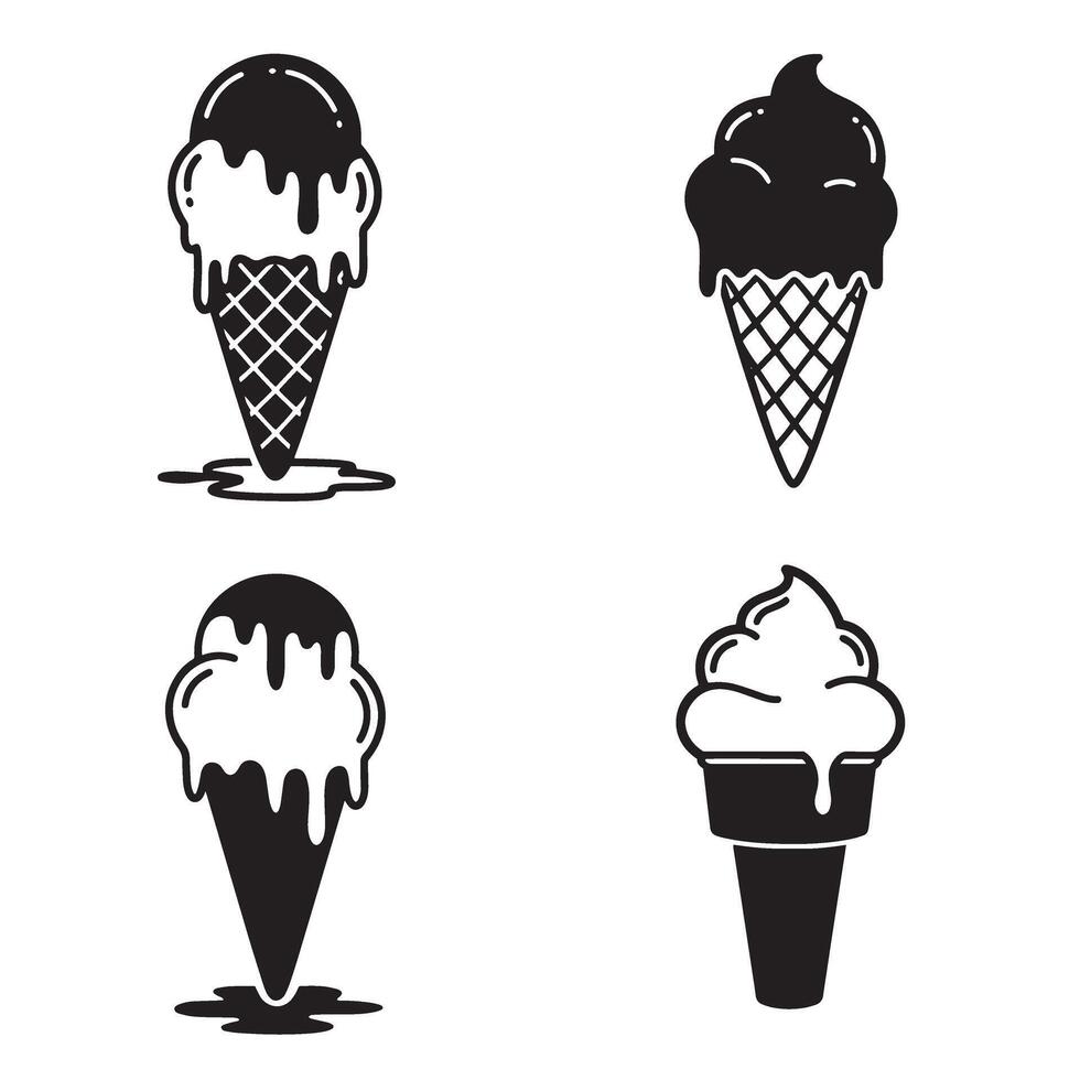 Simple black and white silhouettes of ice cream cones with various styles for dessert designs vector