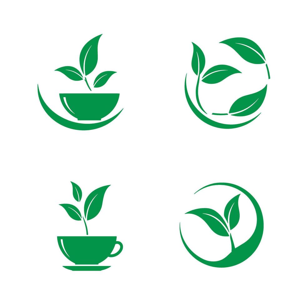 Green leafy tea and plant based logos representing wellness and herbal drinks for brand identity vector