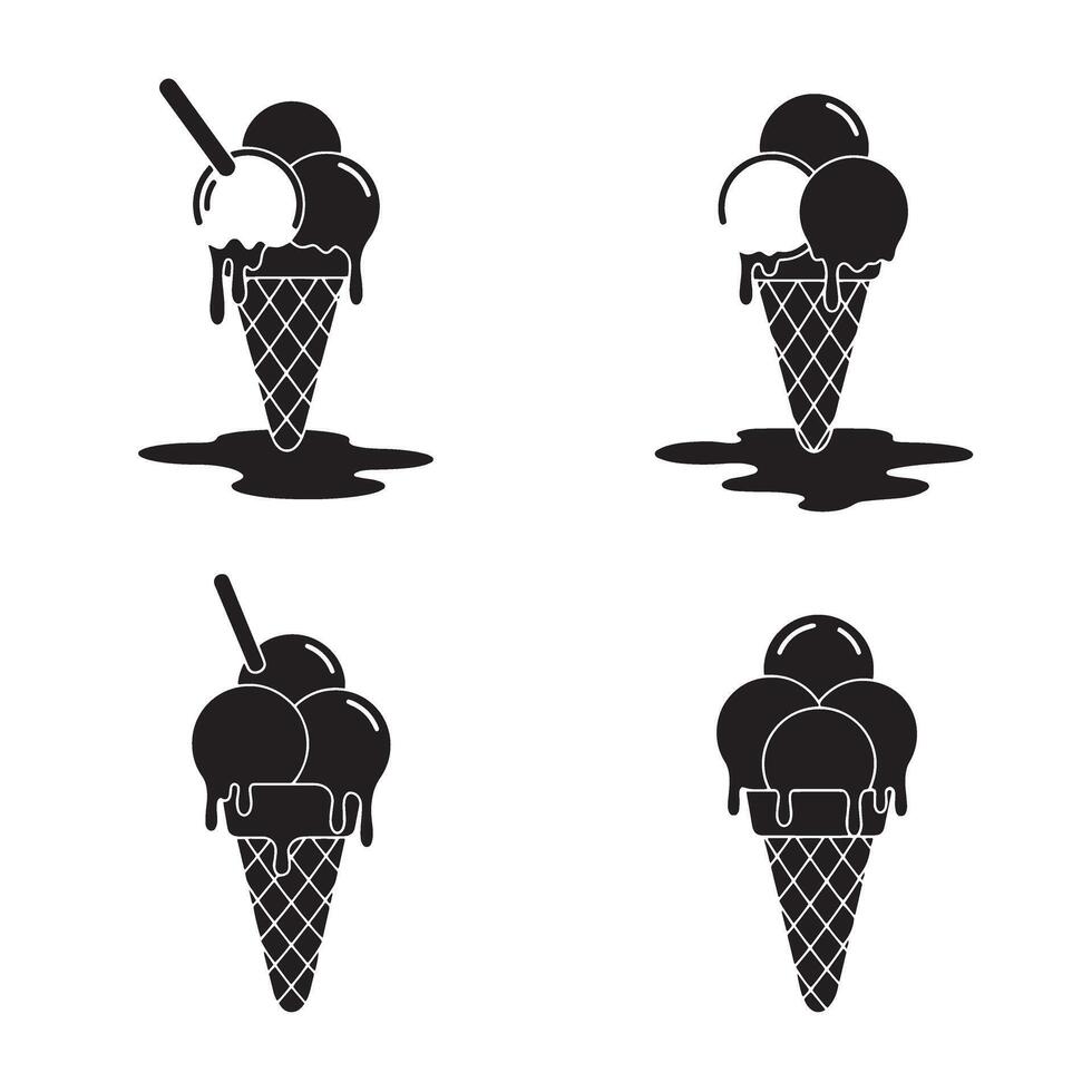 Collection of simple black and white ice cream cone silhouettes for graphic design elements vector