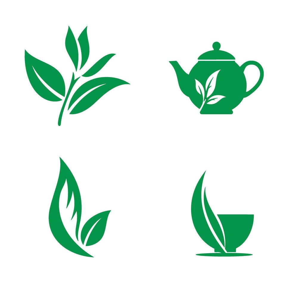 Green tea leaves and teapot silhouette illustration set for wellness and health vector