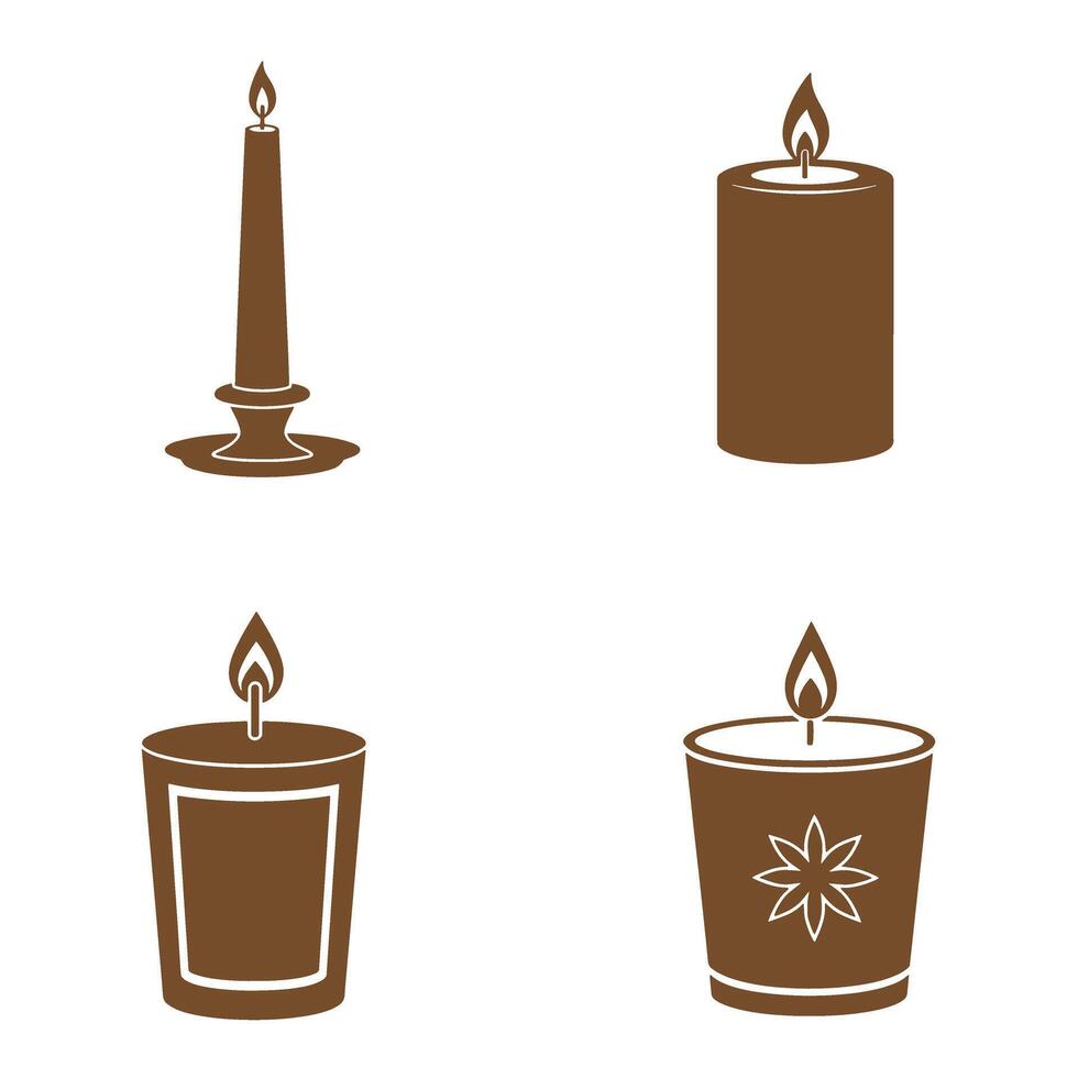 Four different candle designs illustrated with a minimalist silhouette style, each depicting a burning flame perfect for various concepts. vector
