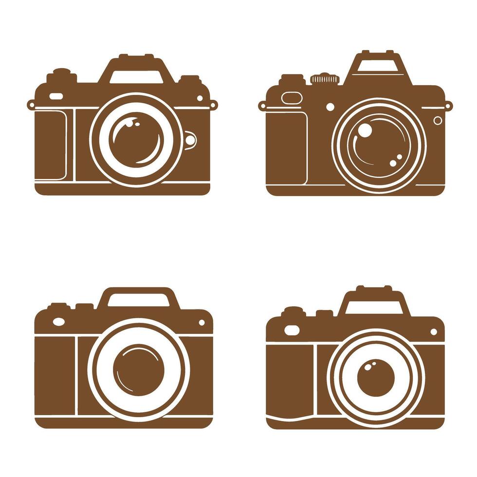 Four brown silhouette cameras artfully arranged on a white background, representing photography, capturing memories, and visual storytelling vector
