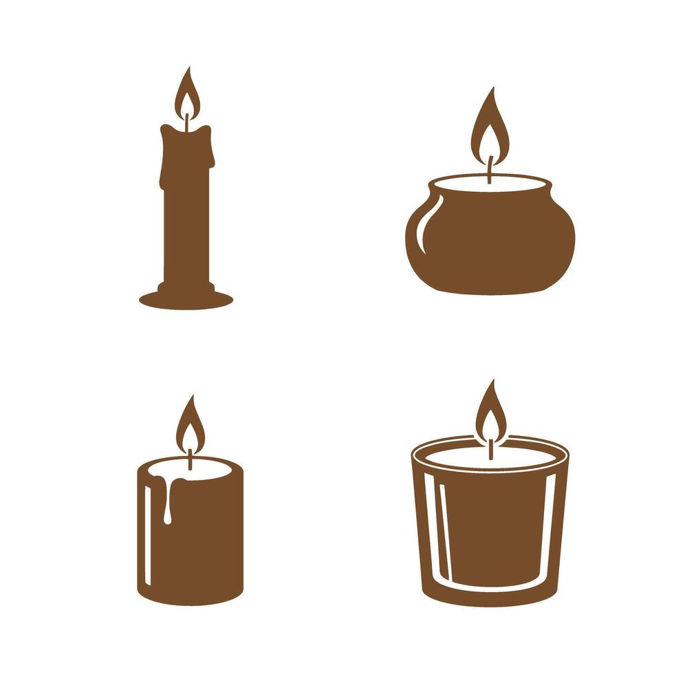 Collection of brown silhouette candle illustrations featuring various candle types including pillar candle, small jar candle, and votive candle designs on a white backdrop. vector