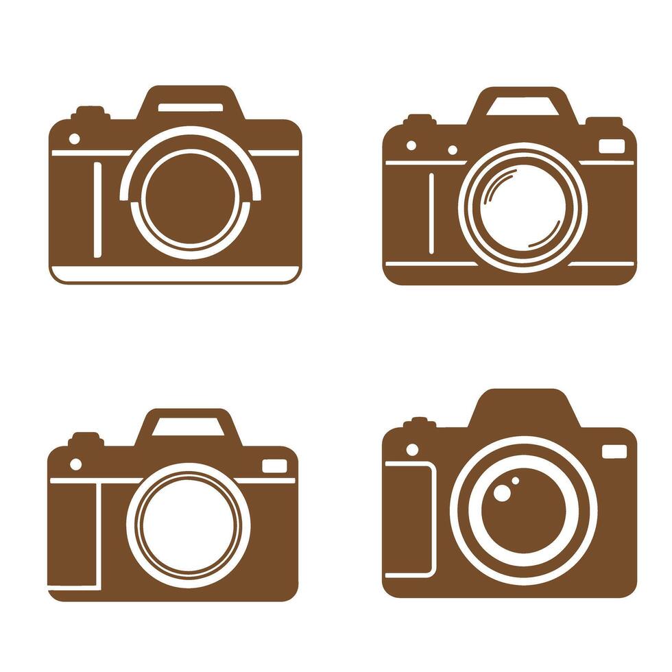 Four brown silhouette camera illustrations arranged against a white background showcasing various modern photography and photo studio concept symbols. vector