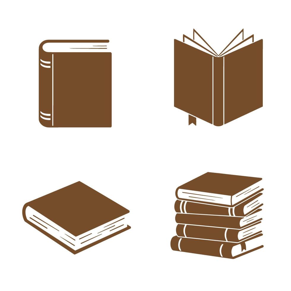 A collection of four different brown silhouette illustrations featuring closed books an open book with bookmark and a stack of books on a white background vector