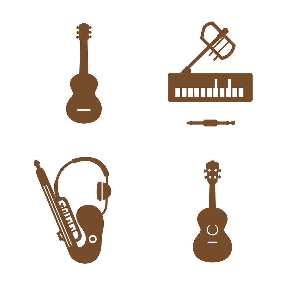 Collection of brown silhouette musical instruments including acoustic guitars headphones mixer and audio jack isolated on white vector