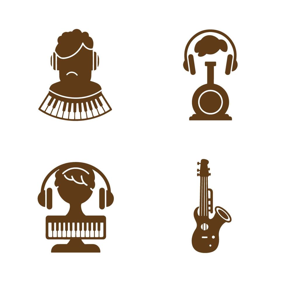 Musical instrument silhouettes including piano guitar and person with headphones icon design suitable for music studio or creative applications vector